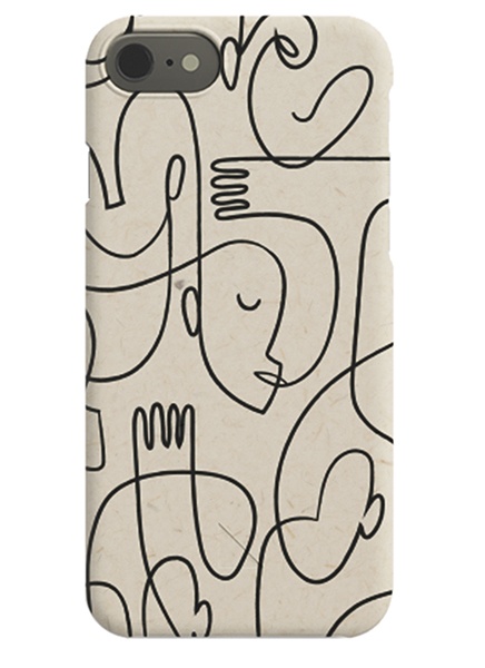  – iPhone-skal med ett abstrakt motiv, med ansikten i svart line art på en beige bakgrund
