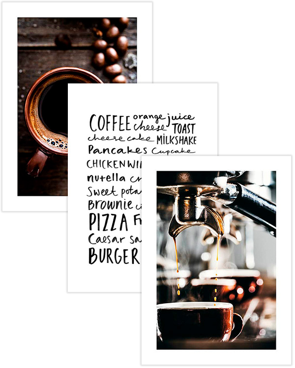– Kaffekonst posters i brunt kombinerat med citat
