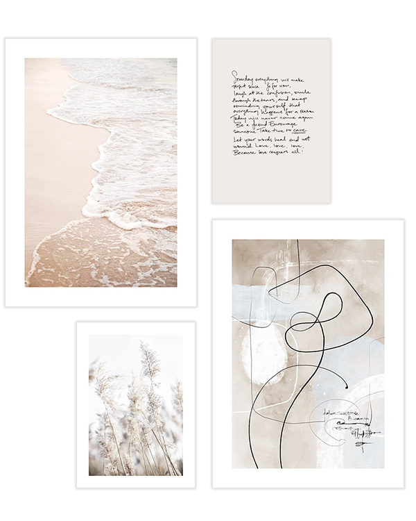 – Poster-paket kollektion med beige line art, typografi och beige strand