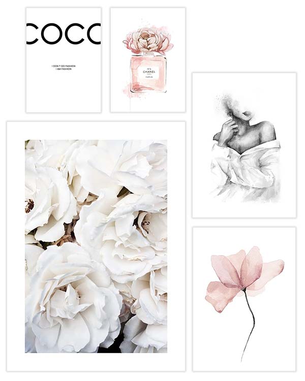 – Modeillustrationer, citat och blommor i rosa och vitt