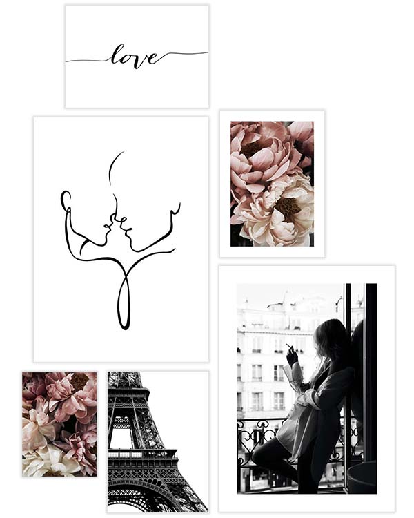 – Line art-illustrationer, rosa blommor och monokrom modefotografi