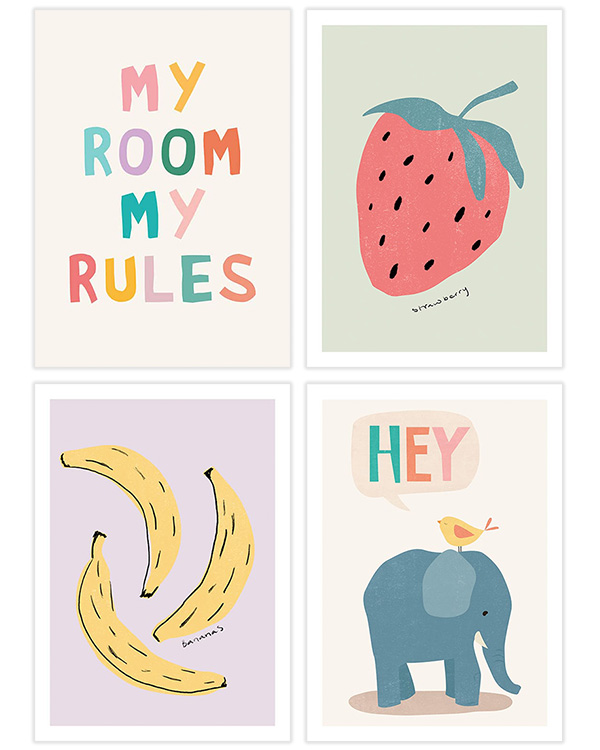 – Färgglad barnillustration av frukter, djur och citat posterpaket kollektion