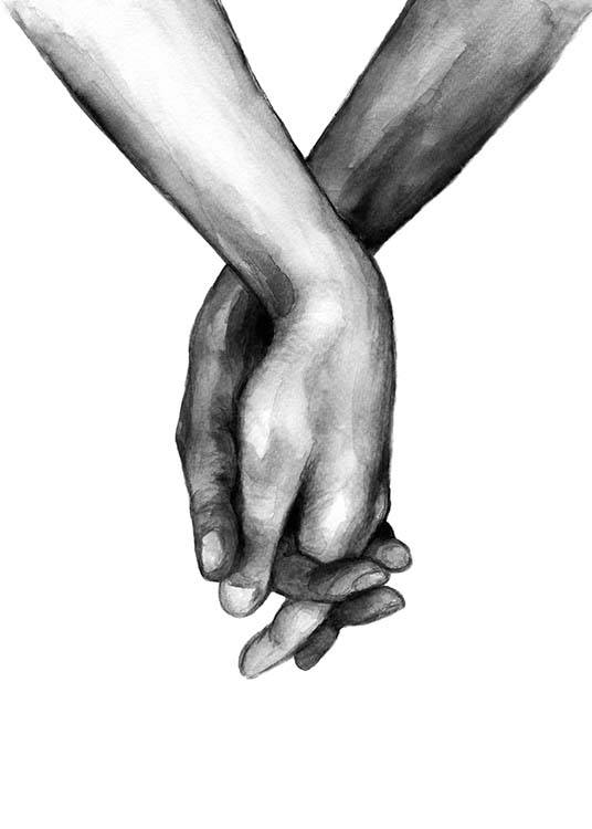 – Svartvit akvarell av ett par händer som håller i varandra