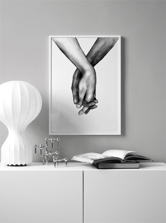 – Svartvit akvarell av ett par händer som håller i varandra