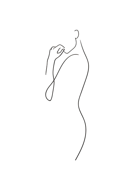  – Teckning i line art av en kvinnlig kropp i svart på en vit bakgrund