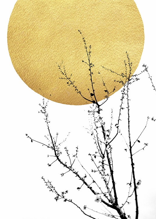 – Abstrakt poster med en gyllene sol och en buske i svart.