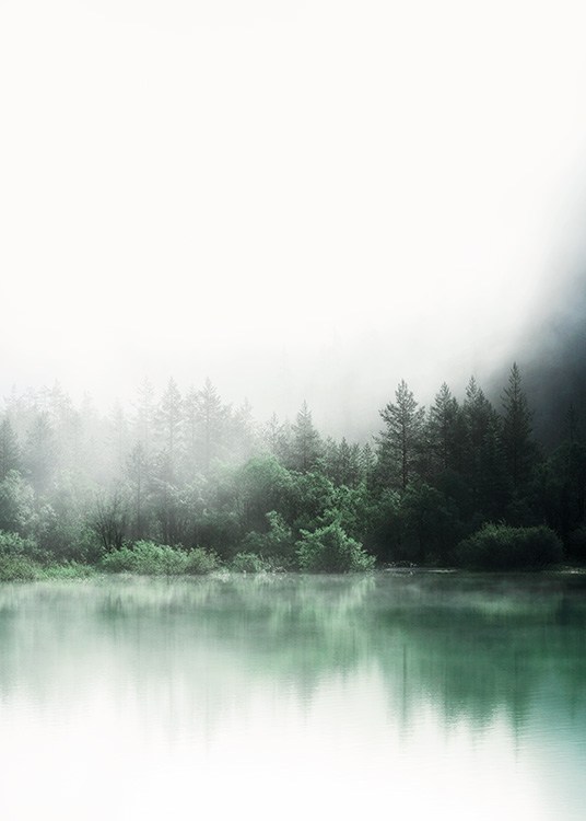  – Fotografi av en sjö framför en skog med gröna träd som reflekteras i sjön