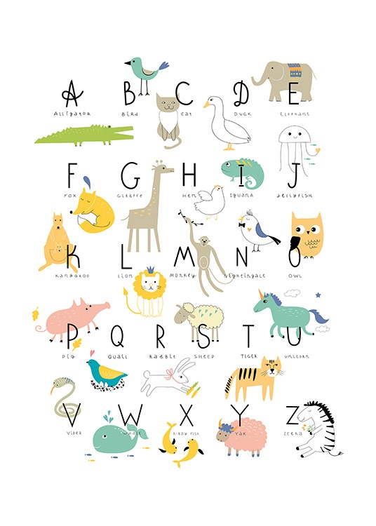 - Poster med alfabetet och djur på en vit bakgrund.
