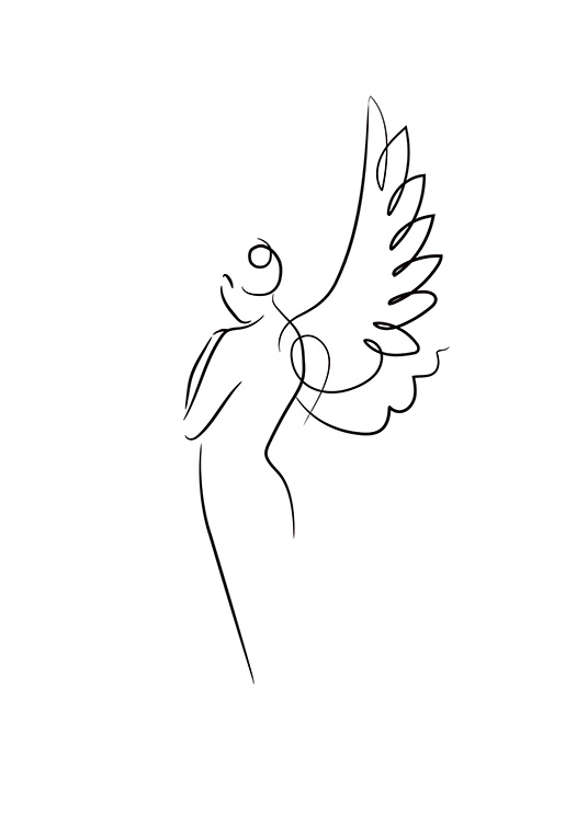 – Line art–poster av en ängel på en vit bakgrund.