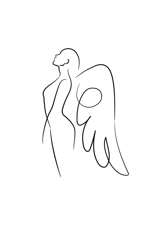 – Line art–poster av en ängel som vänder sig åt sidan på en vit bakgrund.