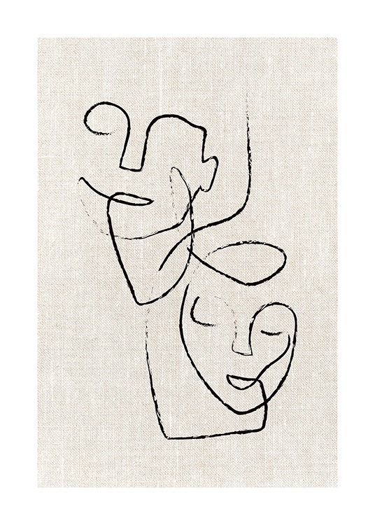  – Illustration med två abstrakta ansikten i svart, ritade på linnebakgrund i beige