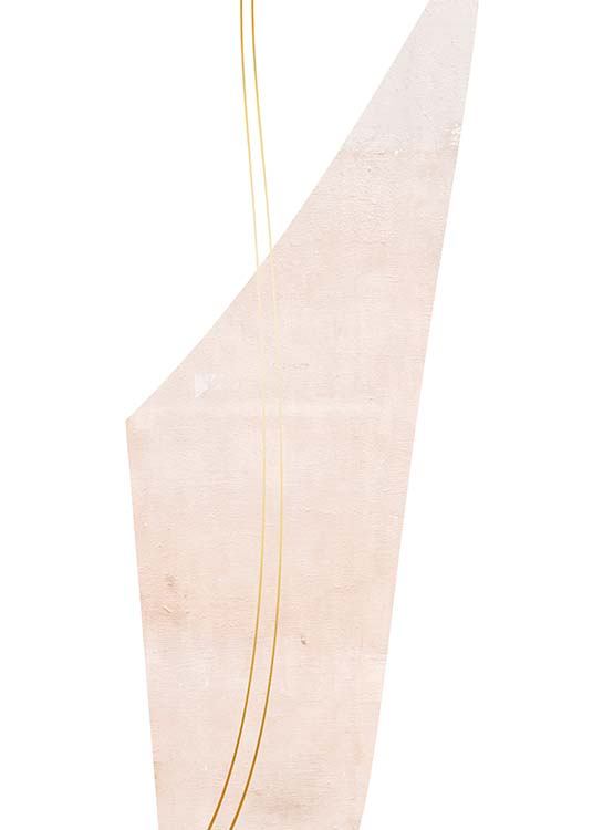 – Poster av ljusrosa triangelformad konst med gyllene strängar som går igenom på en vit bakgrund.