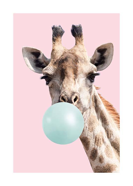 – Djurposter med en giraff med blått tuggummi i munnen på en rosa bakgrund