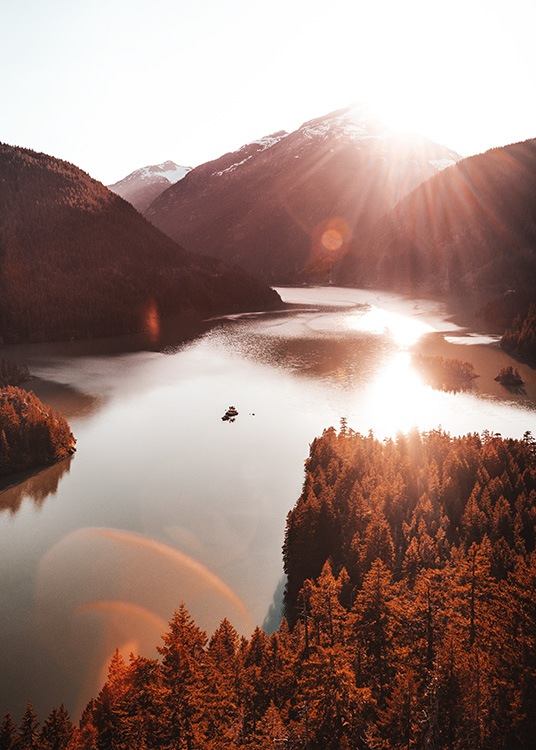  – Fotografi av en röd skog intill en sjö i solnedgången