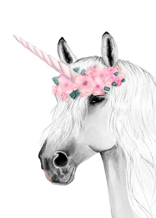 –Ritning av en enhörning med horn och krans i rosa.