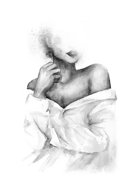  – Svartvit akvarell av en kvinna i en skjorta med bara axlar