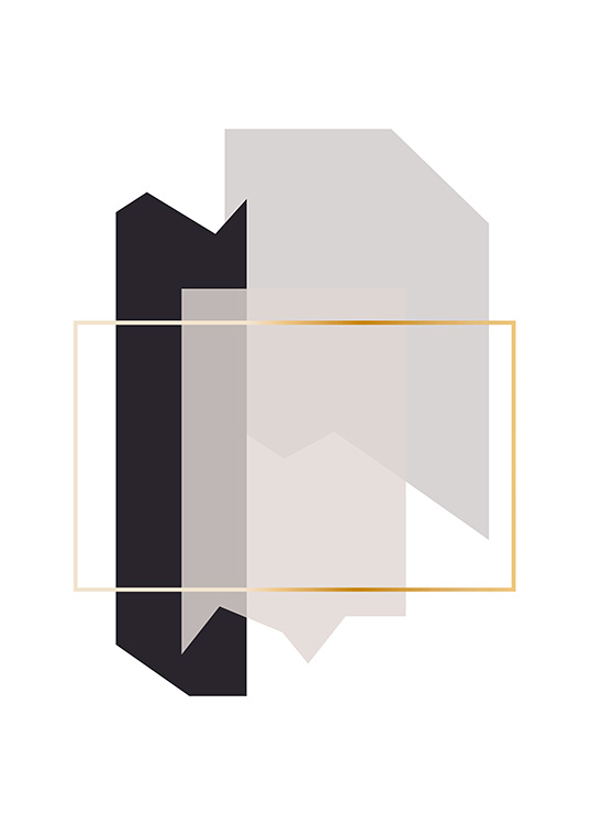  – Grafisk illustration med former i grått som ser ut som fragment, med en guldram i mitten