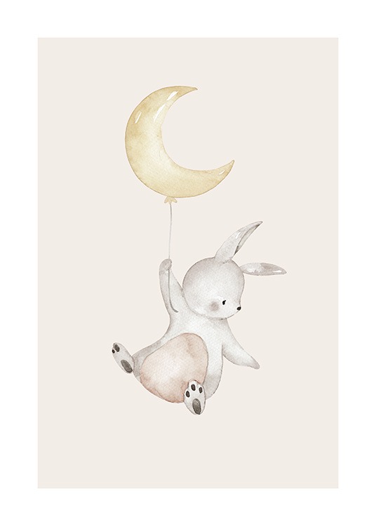  – Söt illustration av en flygande kanin som håller en ballong formad som en måne