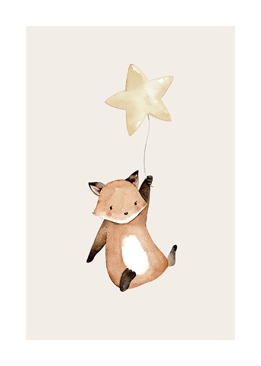  – Söt illustration av en flygande räv som håller i en ballong formad som en stjärna