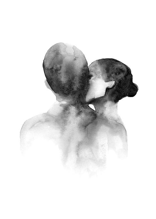  – Svartvit akvarell av en kvinna som kysser en man på kinden