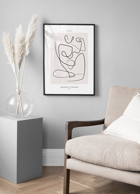  – Line art med abstrakt kropp, ritad i svart på en beige bakgrund