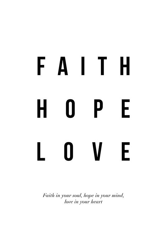 Texten Faith Hope Love i svart typsnitt på vit bakgrund med kursiv text under