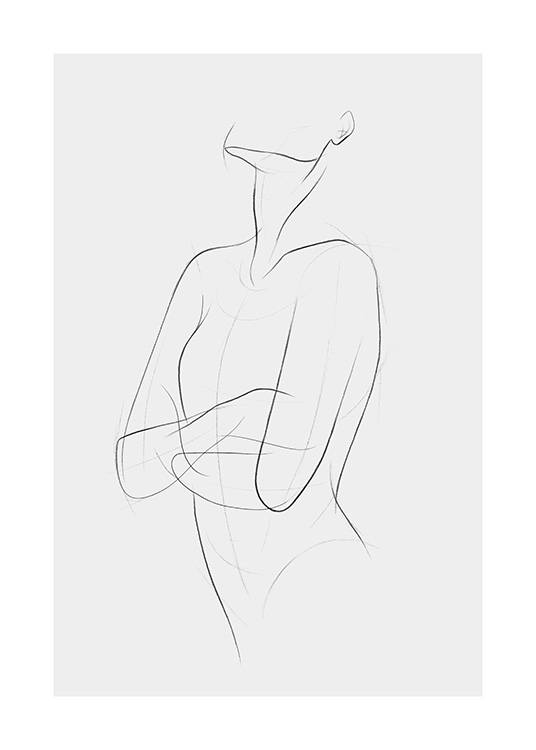 Tecknad illustration med tunna linjer av kvinna med korsade armar på grå bakgrund