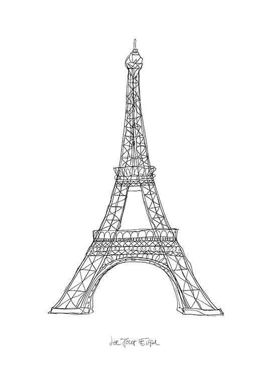 Illustrerad poster med handritad bild av Eiffeltornet på vit bakgrund