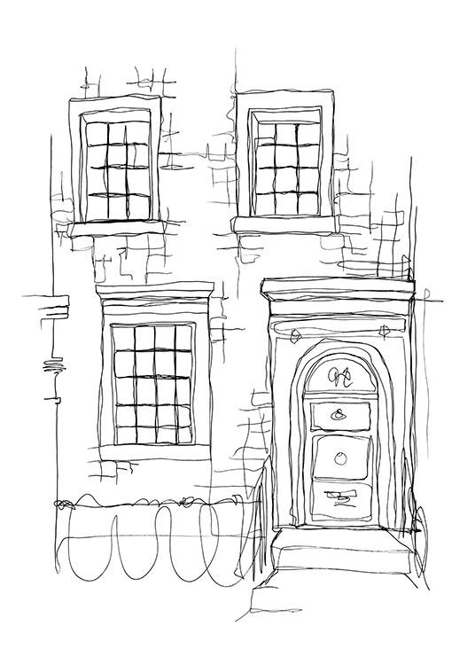 Illustrerad bild från London, Notting Hill, av hus med fönster och dörr