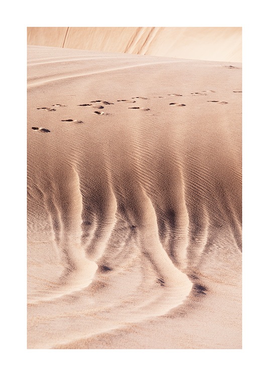  – Fotografi av ökenlandskap med sanddyner och fotspår