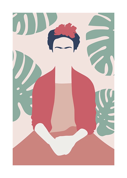 Illustrerad grafisk poster av Frida Kahlo som sitter i röda kläder framför monsterablad