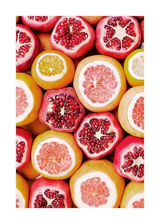 Fotografi med färgglada apelsiner, grapefrukter och granatäpplen
