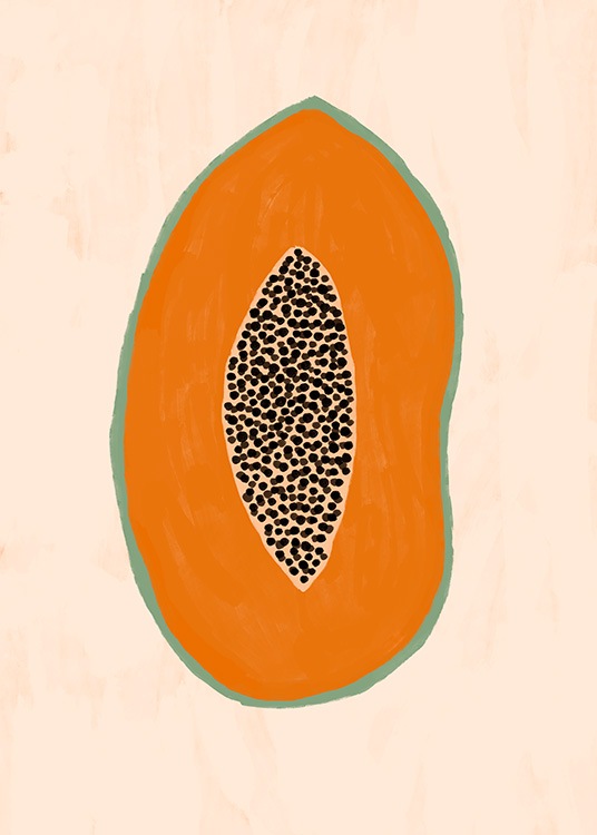 Grafisk illustration med papaya på ljusorange bakgrund