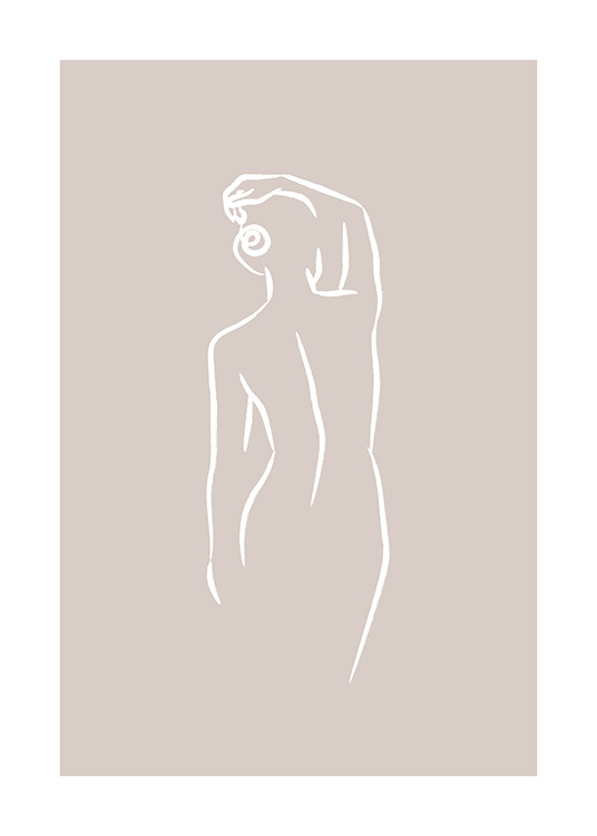 Illustration med vit linjeteckning av kvinna bakifrån på beige bakgrund