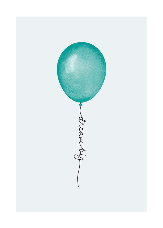  - Illustration av en grön ballong med grå bakgrund med ballongsnöre som säger Dream Big