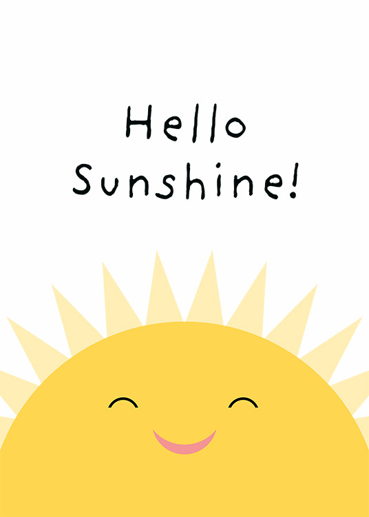  - Grafisk illustration med Hello Sunshine skrivet ovanför en leende sol