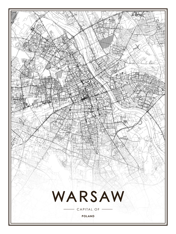 - Svartvit karta med koordinaterna för Warszawa och Polen skrivna nedtill