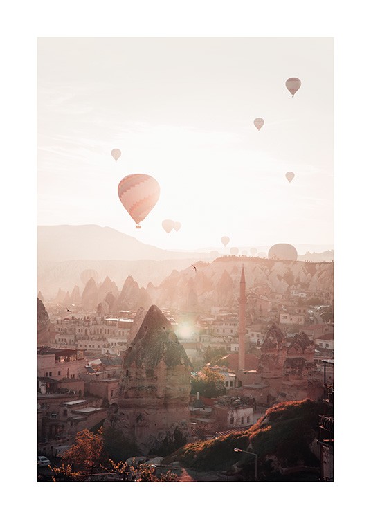  – Fotografi med luftballonger och solnedgång över staden Kappadokien, Turkiet