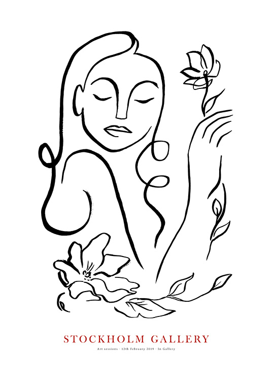 - Handmålad illustration i svart och vitt av en kvinna som håller i blommor med Stockholm Gallery skrivet nedtill