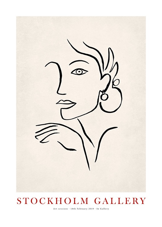 - Illustration av en kvinnas ansikte med handmålade svarta linjer på en beige bakgrund