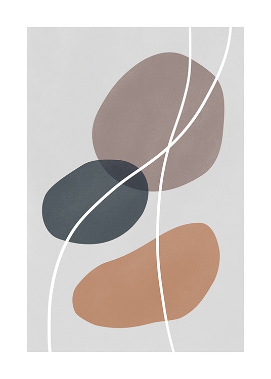 - Grafisk illustration i jordiga nyanser med blå, beige och bruna cirklar och vita linjer mot en grå bakgrund