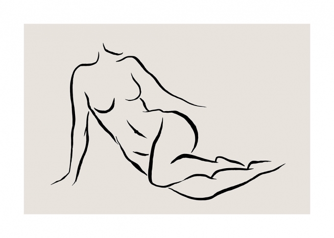 - Teckning av kvinna som ligger på sidan, line art i svart på beige bakgrund