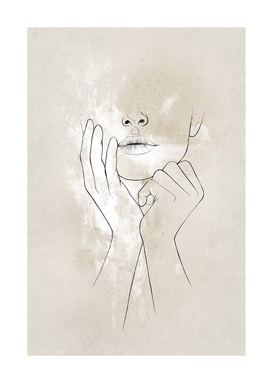- En kvinnas ansikte med händerna framför på en beige och vit bakgrund