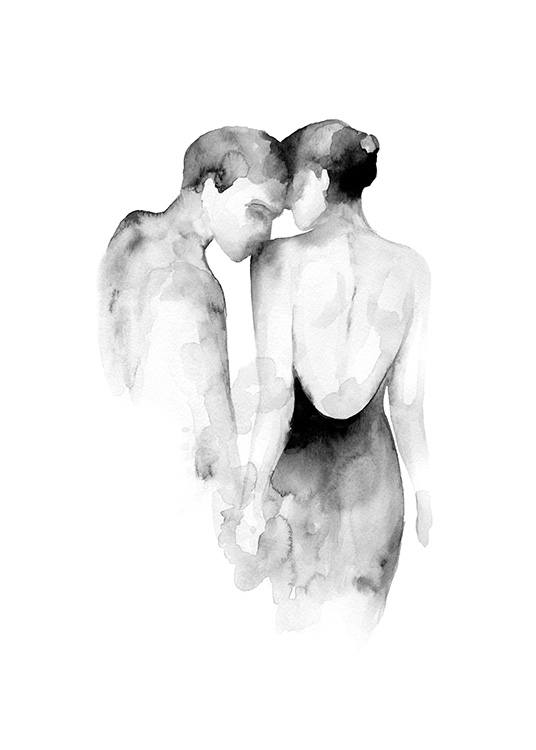  – Svartvit akvarell av en man som kysser en kvinna på axeln