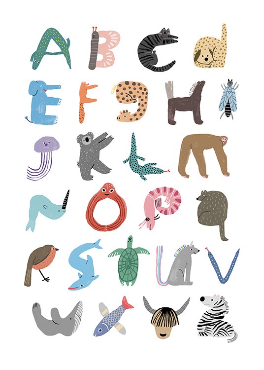 – Poster av djur som föreställer alfabetet på ett pedagogiskt sätt