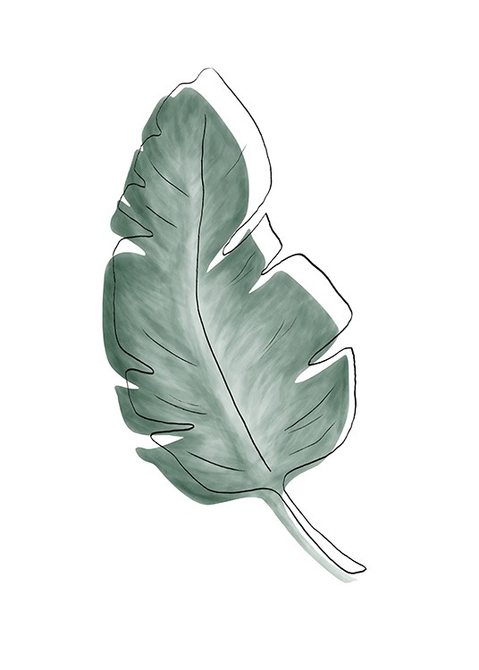  – Akvarell med ett grönt blad under en svart skiss av konturerna av ett blad