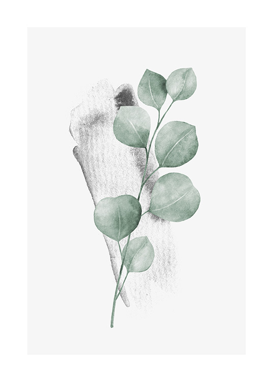  – Akvarell av en liten eukalyptusgren med gröna blad och ljusgrå bakgrund