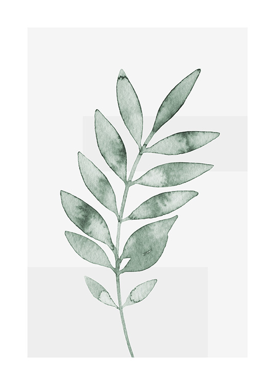  – Akvarell med ett litet grönt blad mot en ljusgrå bakgrund