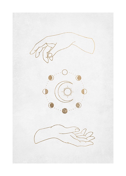  – Grafisk illustration av ett par händer med gyllene cirklar och en måne och sol mellan dem