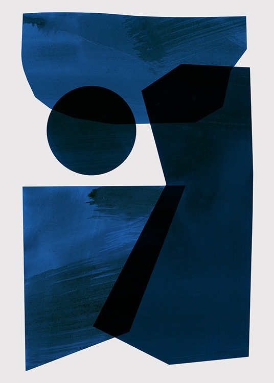  – Grafisk, abstrakt illustration med stora former i mörkblått på en ljusbeige bakgrund